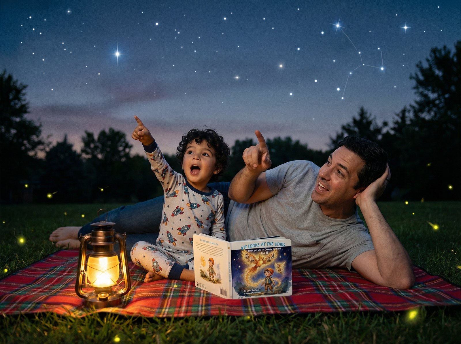A family reading Kit Looks at the Stars, Book 18 of Kit's Little Sparks, together, a book instead of screen time